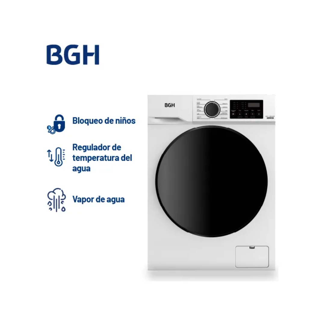 LAVARROPAS AUTOMATICO CARGA FRONTAL BGH INVERTER 8KG 1400RPM (BWFE08W24AR)
