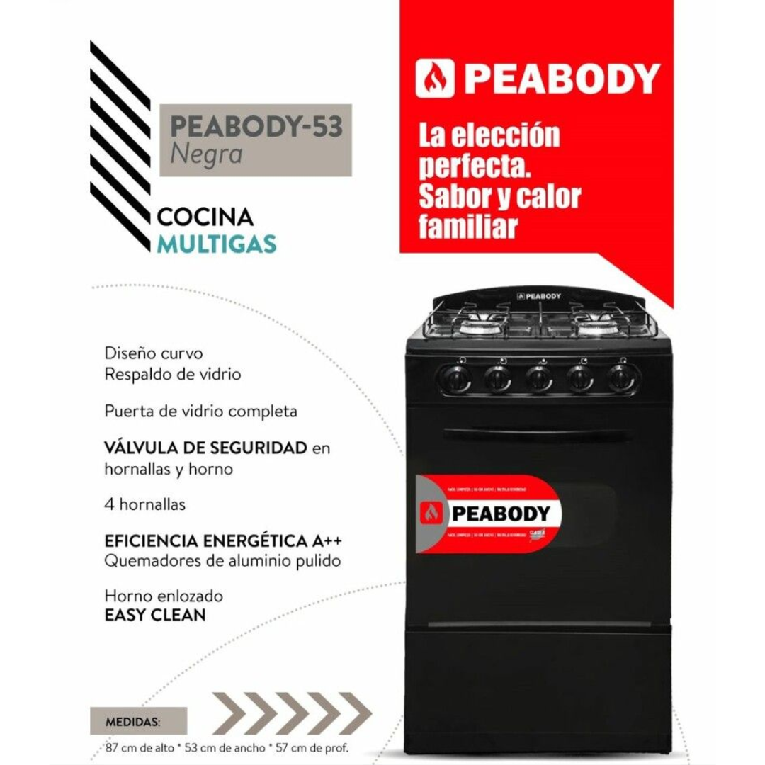 COCINA PEABODY GLASS NEGRAS MULTIGAS 53CM